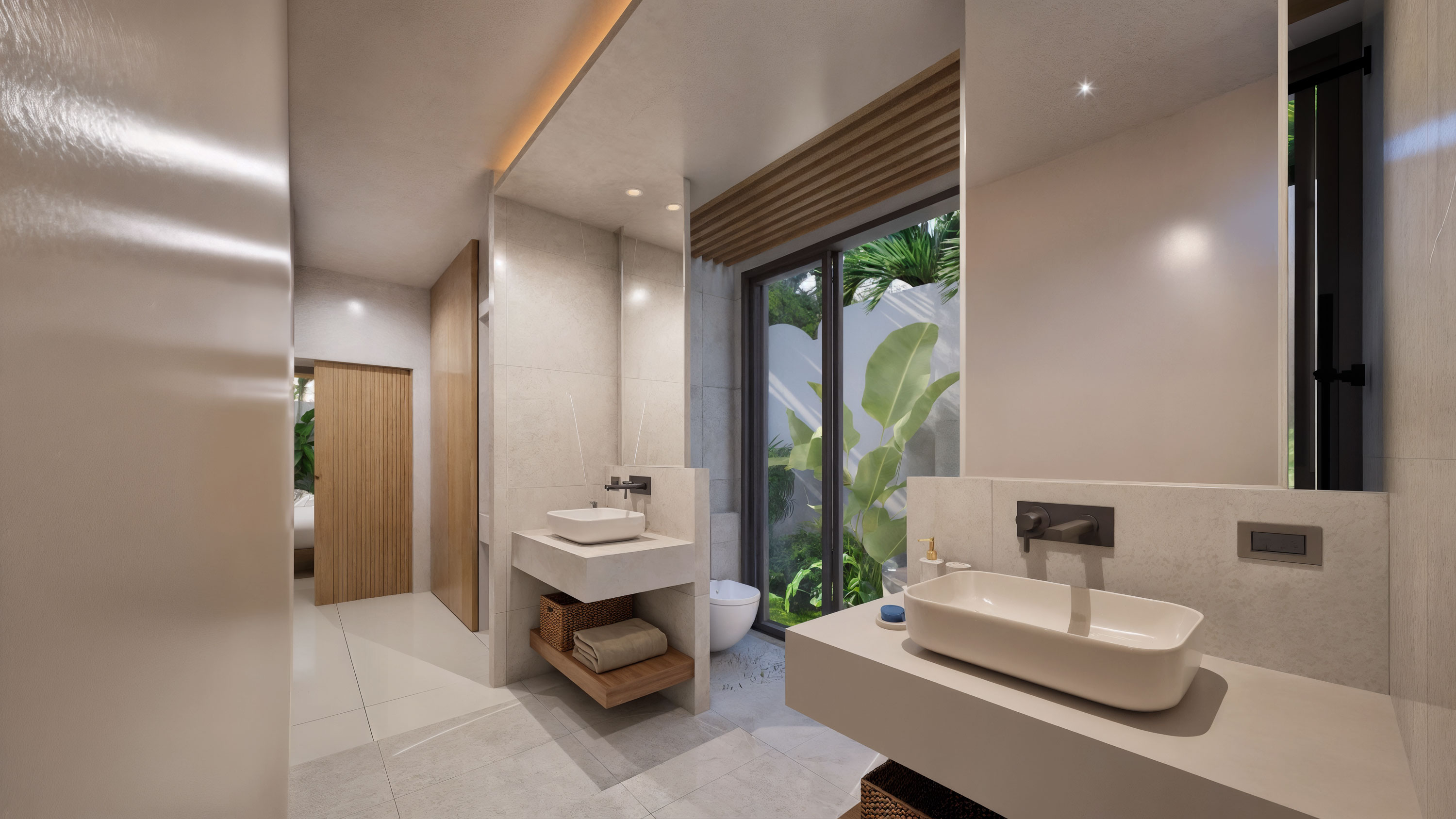 Ensuite bathroom with garden-facing sinks